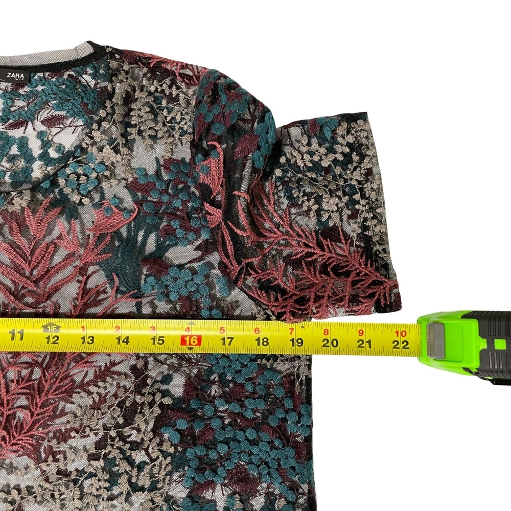 Zara Sheer Mesh Embroidered Botanical Print Top Womens M Modern Artsy Teal Pink - Picture 6 of 7
